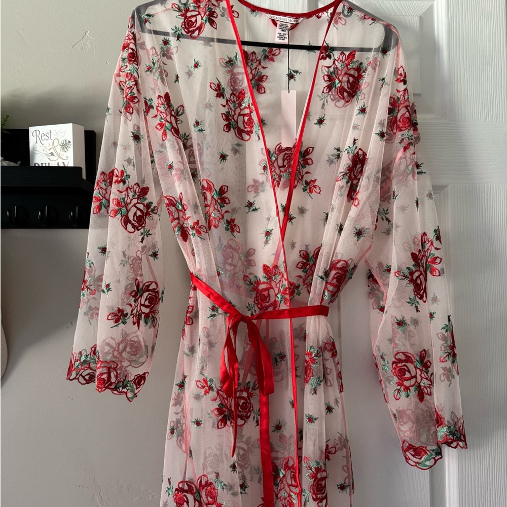Victoria's Secret Sheer Floral Robe with Red Trim